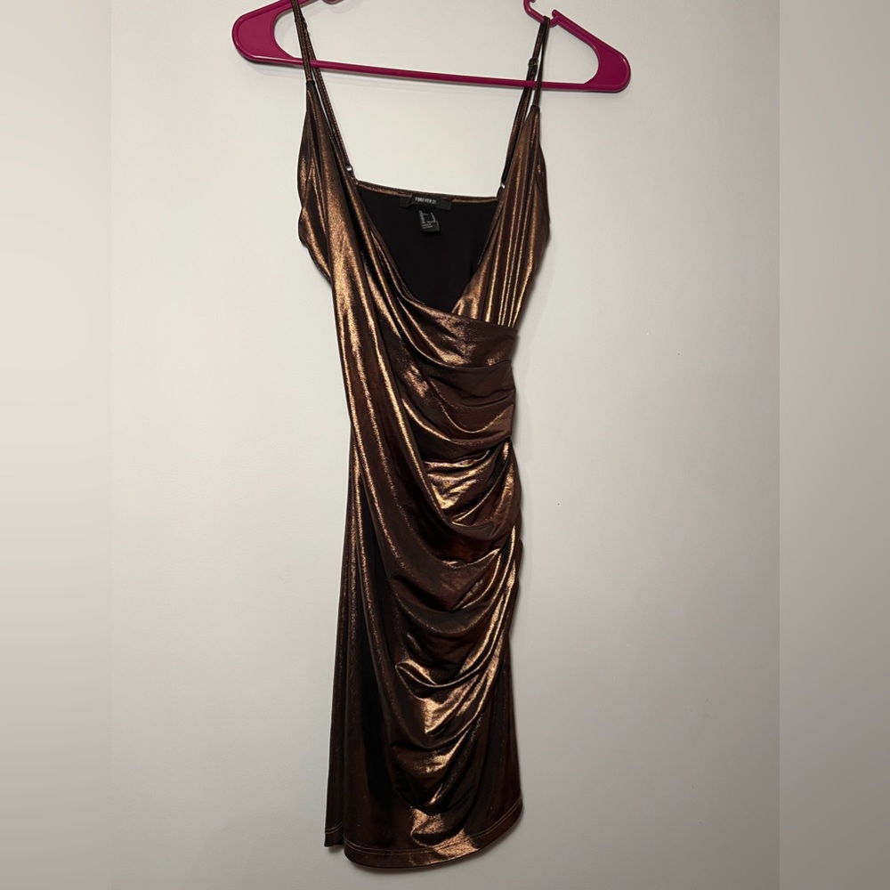 Party dress bronze gold shimmer V neck spaghetti straps